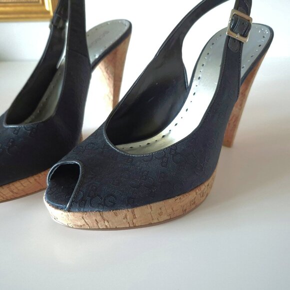 NWOT BCBGirls black logo textile & cork heeled platform sandal, US 10 - Picture 10 of 13
